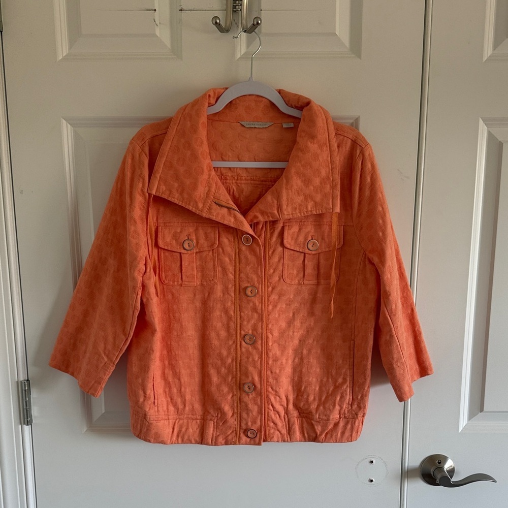 Laura Ashley Orange Button-Up Jacket Textured Polka Dot Fabric Size medium